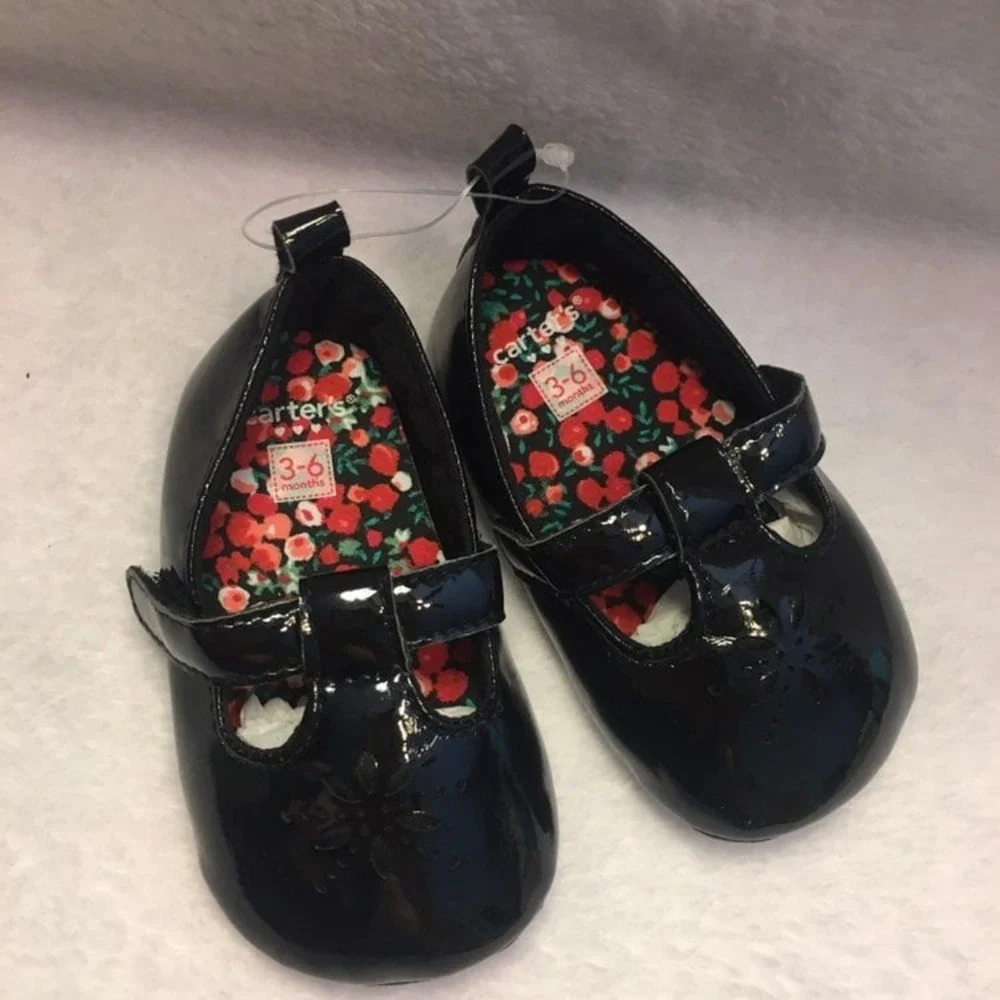 Carter's Mary Jane Baby Girls 3-6M Black New Patent Floral Crib Shoes